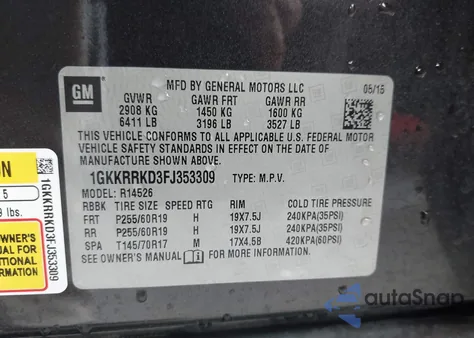 2015 GMC Acadia Slt-1 z USA, uszkodzony, nr VIN 1GKKRRKD3FJ353309